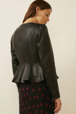 New Oasis Real Leather Peplum Collarless Jacket Cream