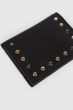 Hot Oasis Real Leather Stud Folding Cardholder Black