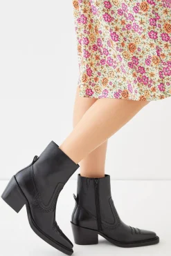 Clearance Oasis Real Leather Whipstitch Detail Western Ankle Boot Black