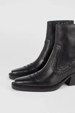Clearance Oasis Real Leather Whipstitch Detail Western Ankle Boot Black