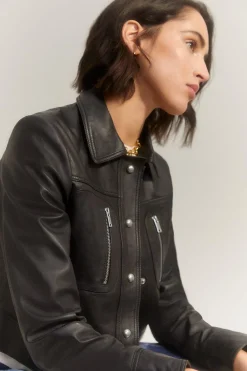 New Oasis Real Leather Zip Detail Crop Jacket Black