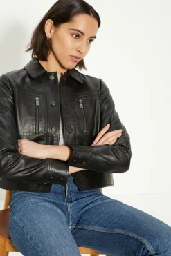 New Oasis Real Leather Zip Detail Crop Jacket Black