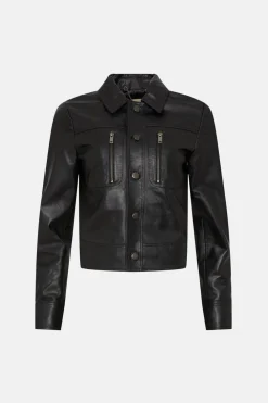 New Oasis Real Leather Zip Detail Crop Jacket Black
