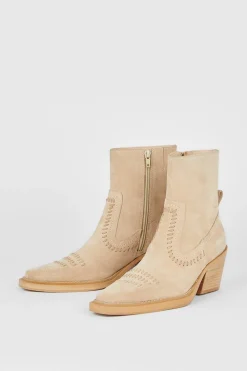 Hot Oasis Real Suede Whipstitch Detail Western Ankle Boot Stone