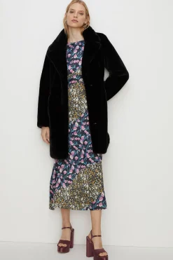 Outlet Oasis Recycled Faux Fur Collared Long Coat Black