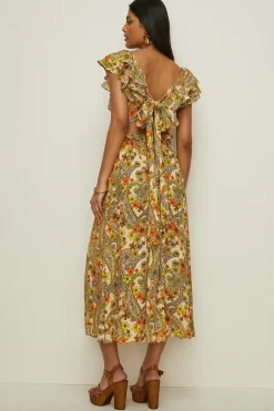 Best Oasis Retro Print Ruffle V Neck Midi Dress Multi