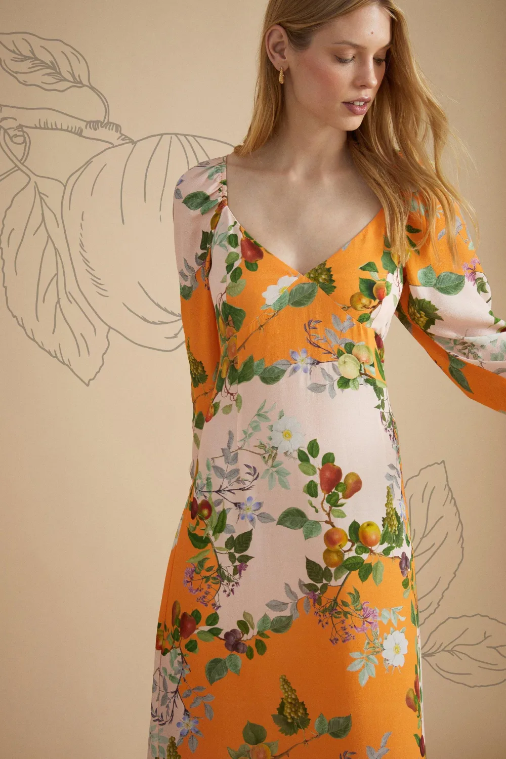 Sale Oasis Rhs Rose Patched Print Puff Sleeve Midi Dress Orange
