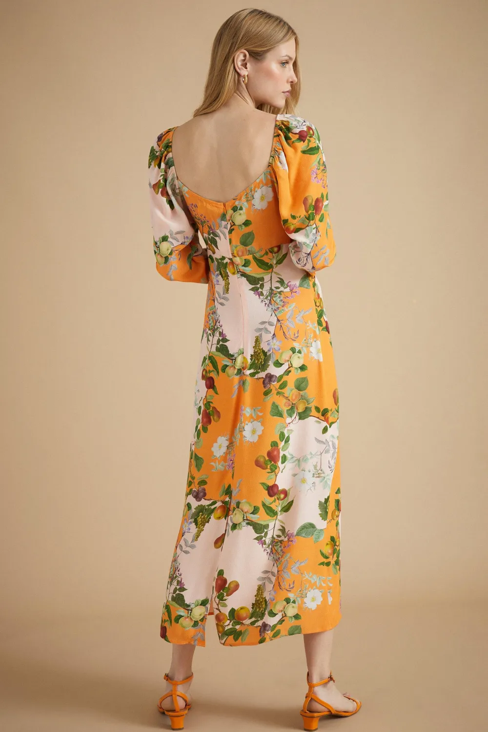 Sale Oasis Rhs Rose Patched Print Puff Sleeve Midi Dress Orange
