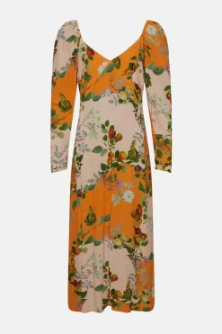Sale Oasis Rhs Rose Patched Print Puff Sleeve Midi Dress Orange
