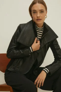 Best Oasis Rib Detail Leather Biker Jacket Black
