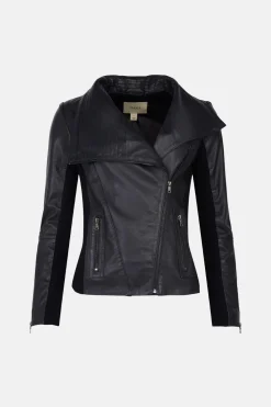 Best Oasis Rib Detail Leather Biker Jacket Black