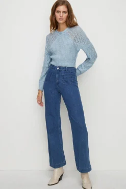 Fashion Oasis Rib Pointelle Lofty Soft Touch Batwing Jumper Blue