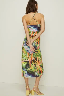 Sale Oasis Rose Dufton Landscape Printed Ruched Dress Green