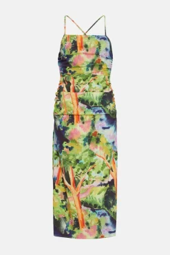 Sale Oasis Rose Dufton Landscape Printed Ruched Dress Green
