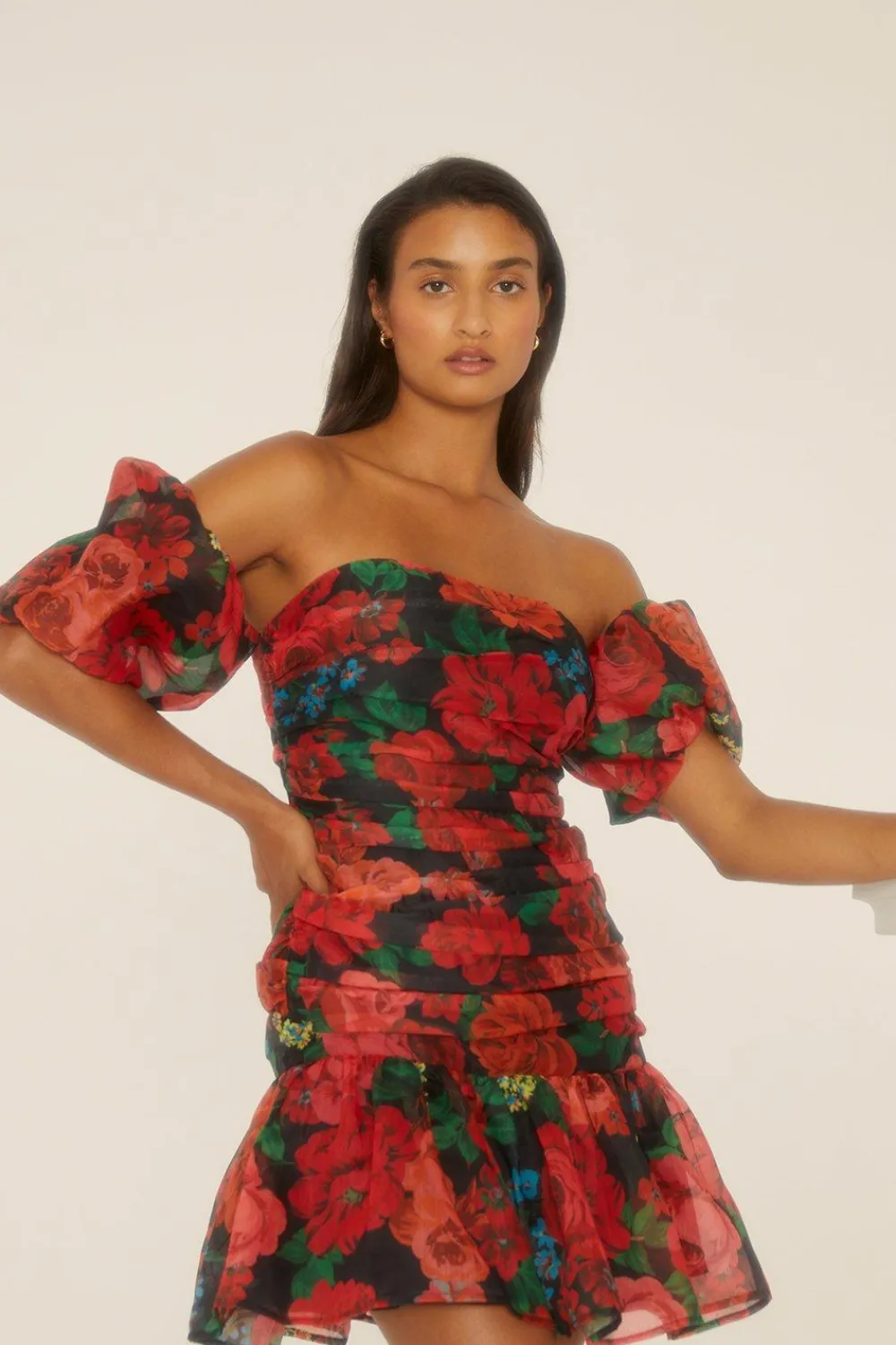 Online Oasis Rose Floral Ruched Mini Dress Black