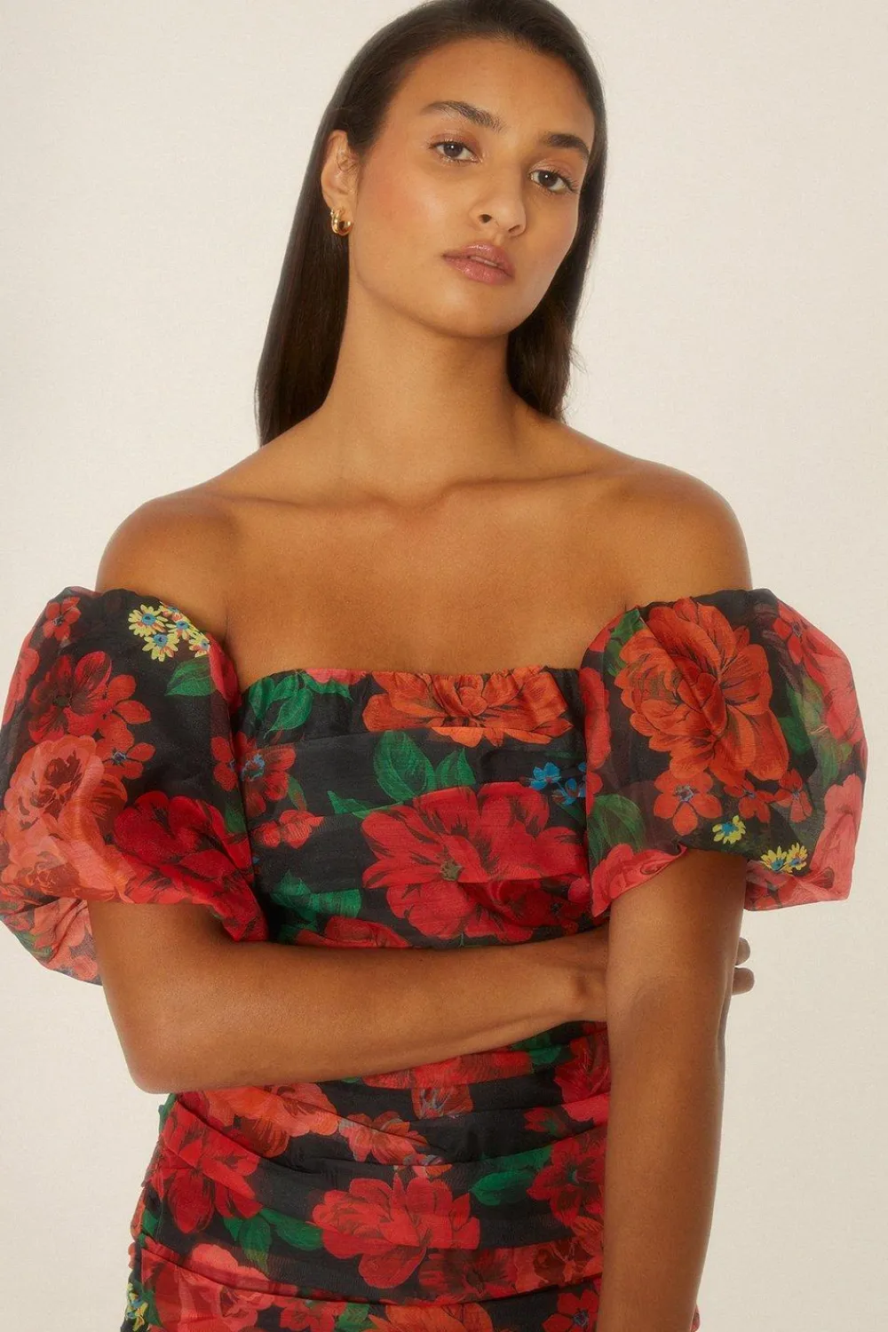 Online Oasis Rose Floral Ruched Mini Dress Black