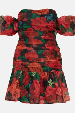 Online Oasis Rose Floral Ruched Mini Dress Black