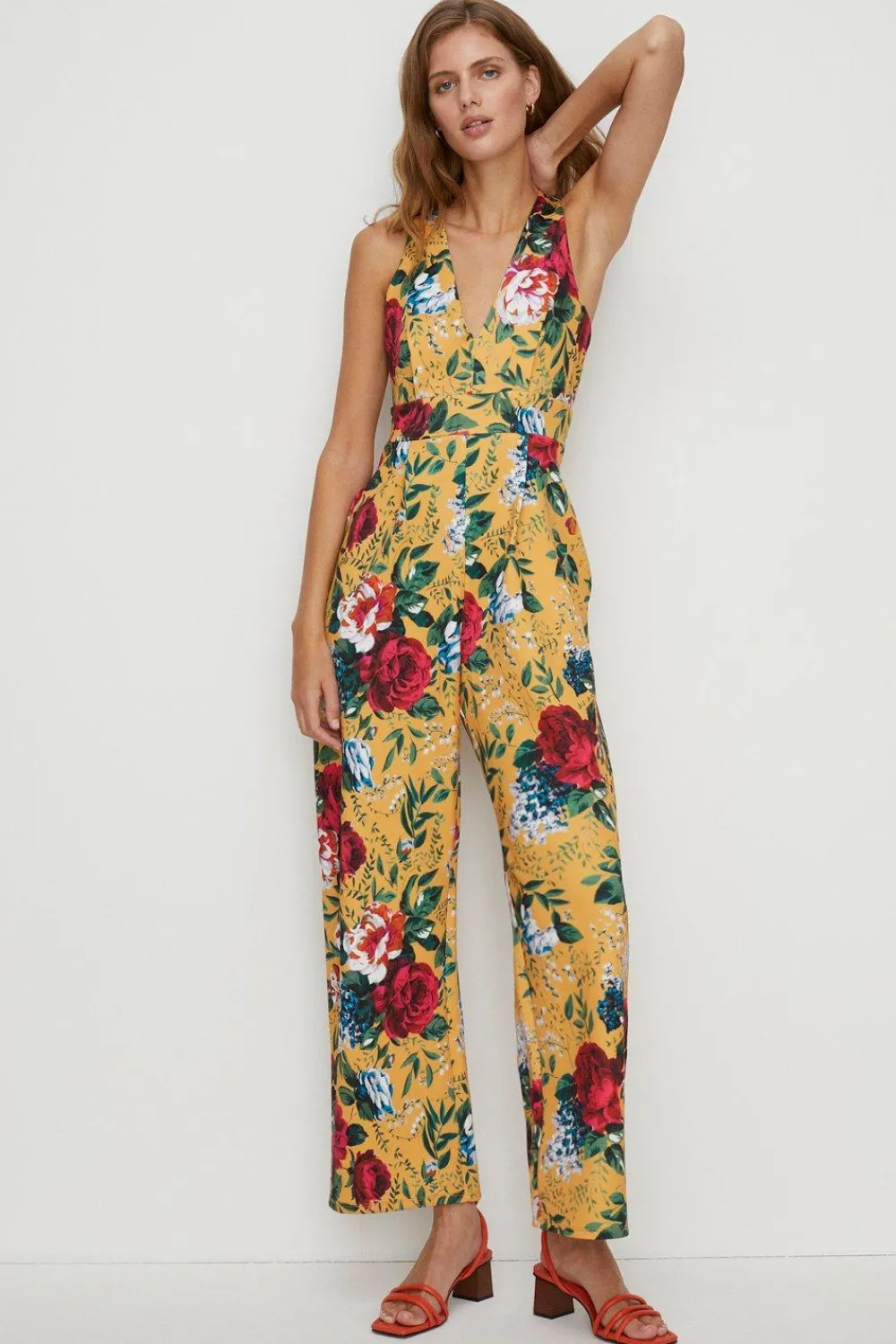 Best Oasis Rose Floral Scuba V Neck Jumpsuit Ochre