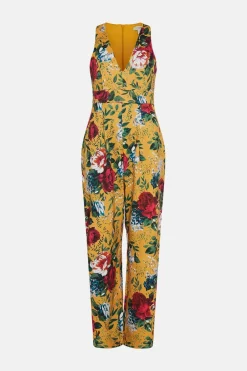 Best Oasis Rose Floral Scuba V Neck Jumpsuit Ochre