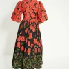 Sale Oasis Rose Placement Puff Sleeve Midi Dress Red