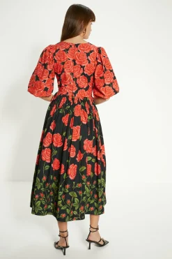 Sale Oasis Rose Placement Puff Sleeve Midi Dress Red