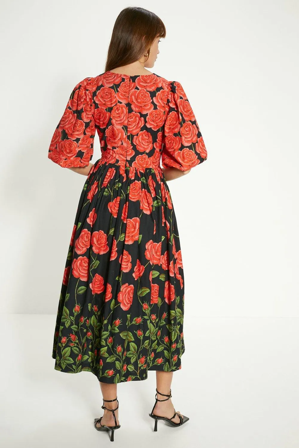 Sale Oasis Rose Placement Puff Sleeve Midi Dress Red