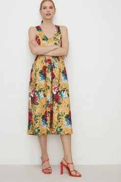Sale Oasis Rose Print Cross Back Scuba Midi Dress Ochre