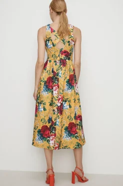 Sale Oasis Rose Print Cross Back Scuba Midi Dress Ochre