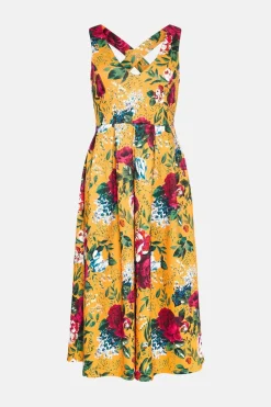 Sale Oasis Rose Print Cross Back Scuba Midi Dress Ochre