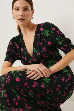 Fashion Oasis Rose Printed V Plunge Puff Sleeve Midi Dress Floral