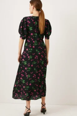 Fashion Oasis Rose Printed V Plunge Puff Sleeve Midi Dress Floral