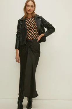 Online Oasis Ruched Front Satin Midi Skirt Black
