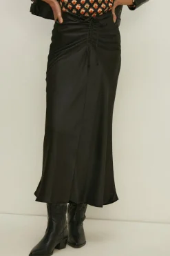 Online Oasis Ruched Front Satin Midi Skirt Black
