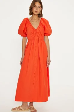 Clearance Oasis Ruched Neck Puff Sleeve Midi Dress Red