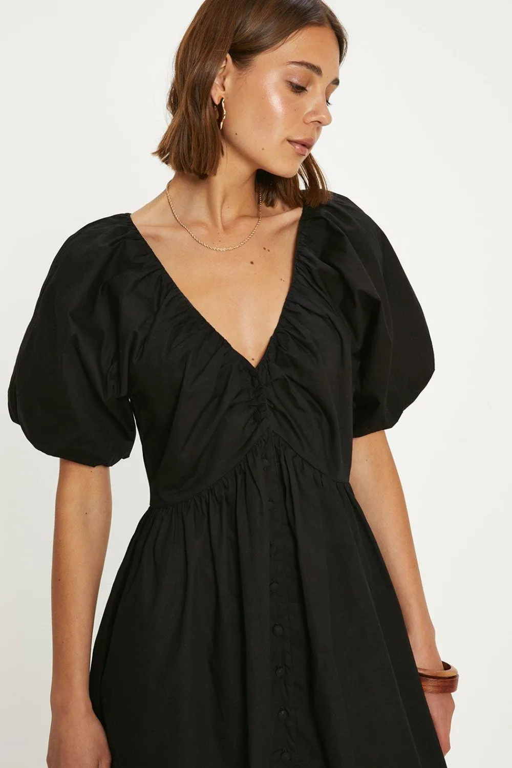 Sale Oasis Ruched Neck Puff Sleeve Midi Dress Black
