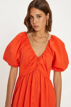 Clearance Oasis Ruched Neck Puff Sleeve Midi Dress Red