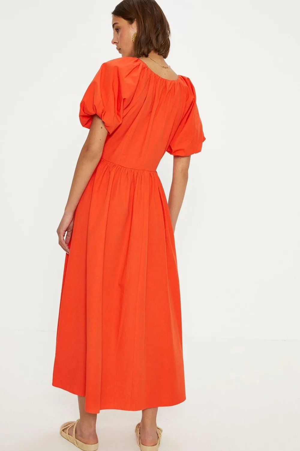 Clearance Oasis Ruched Neck Puff Sleeve Midi Dress Red