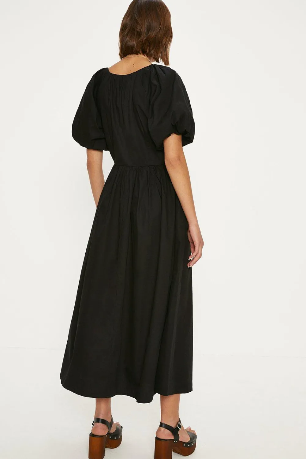 Sale Oasis Ruched Neck Puff Sleeve Midi Dress Black