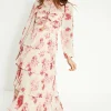 Fashion Oasis Ruched Pleated Tiered Floral Midi Dress Ivory