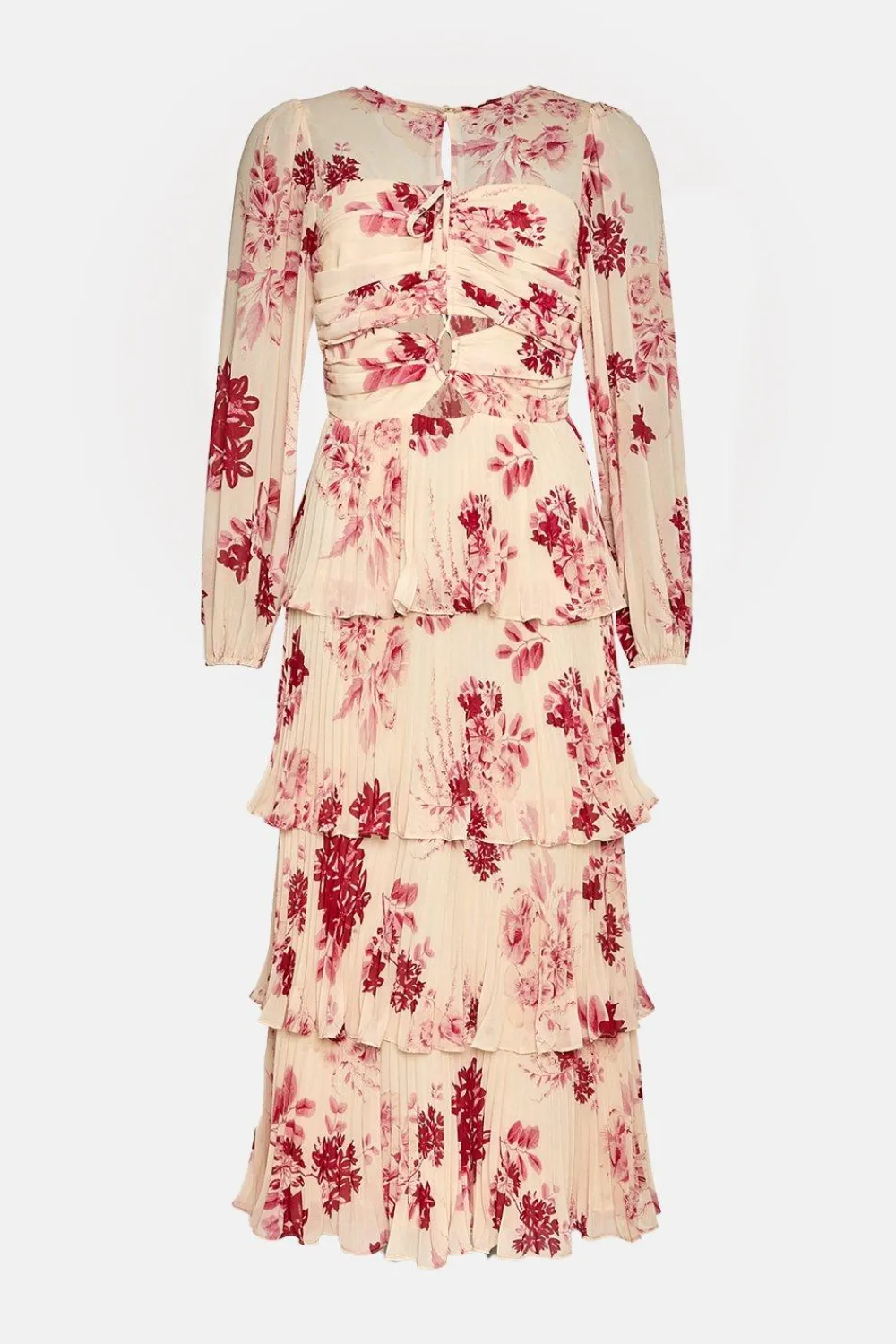 Fashion Oasis Ruched Pleated Tiered Floral Midi Dress Ivory