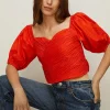 Clearance Oasis Ruched Wrap Front Puff Sleeve Top Red