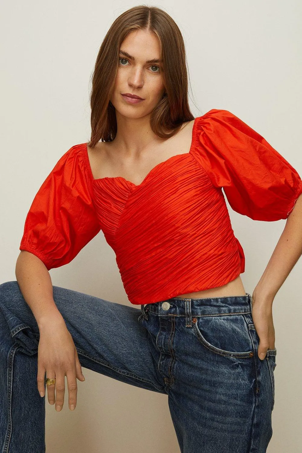 Clearance Oasis Ruched Wrap Front Puff Sleeve Top Red