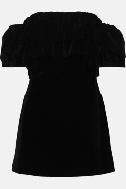 Sale Oasis Ruffle Detail Bardot Velvet Skater Dress Black