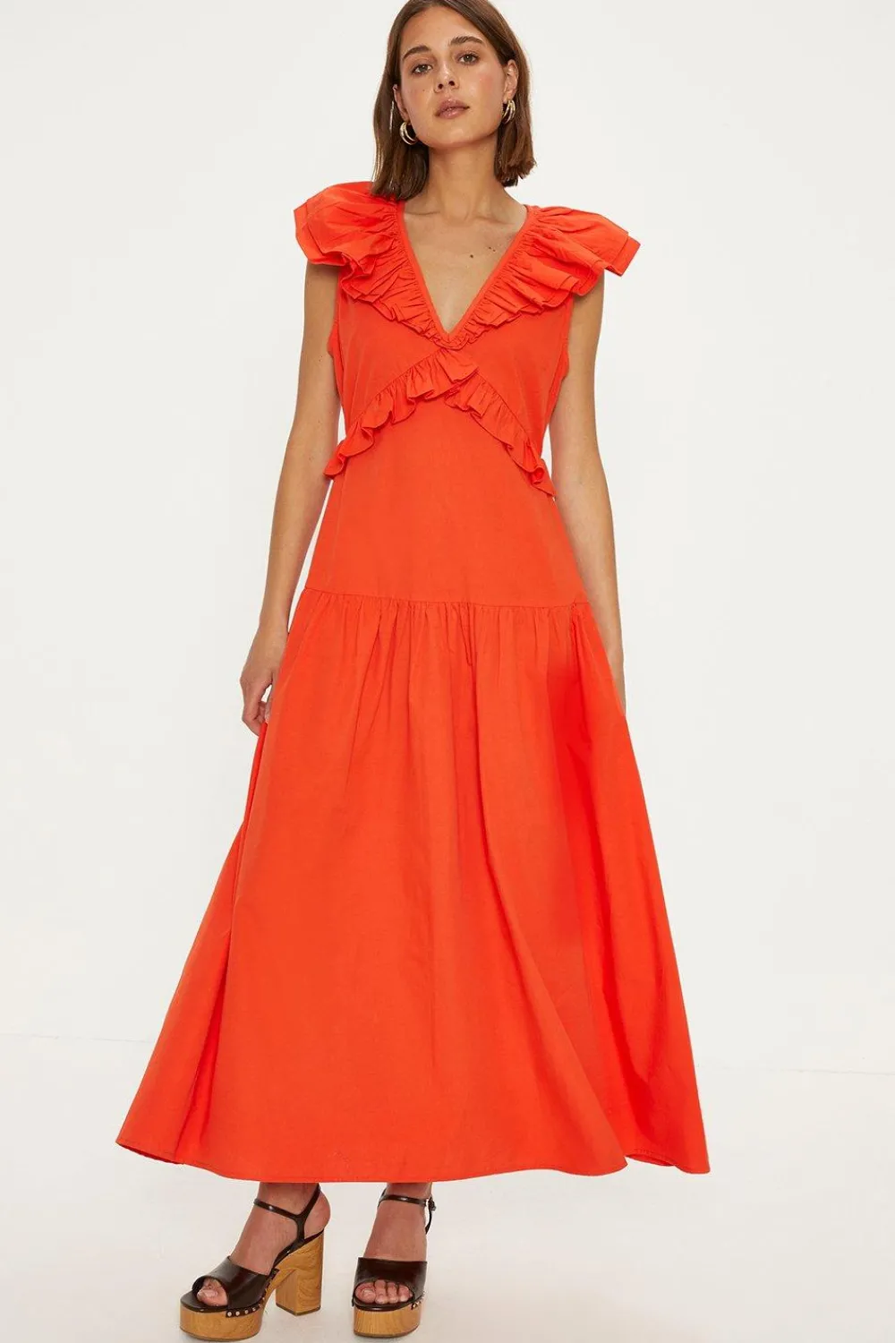Outlet Oasis Ruffle Midi Dress Red