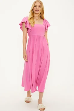 Outlet Oasis Ruffle Sleeve Tie Back Midi Dress Pink