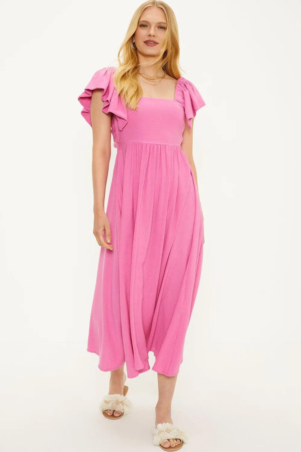 Outlet Oasis Ruffle Sleeve Tie Back Midi Dress Pink