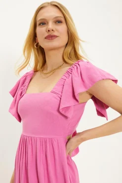 Outlet Oasis Ruffle Sleeve Tie Back Midi Dress Pink