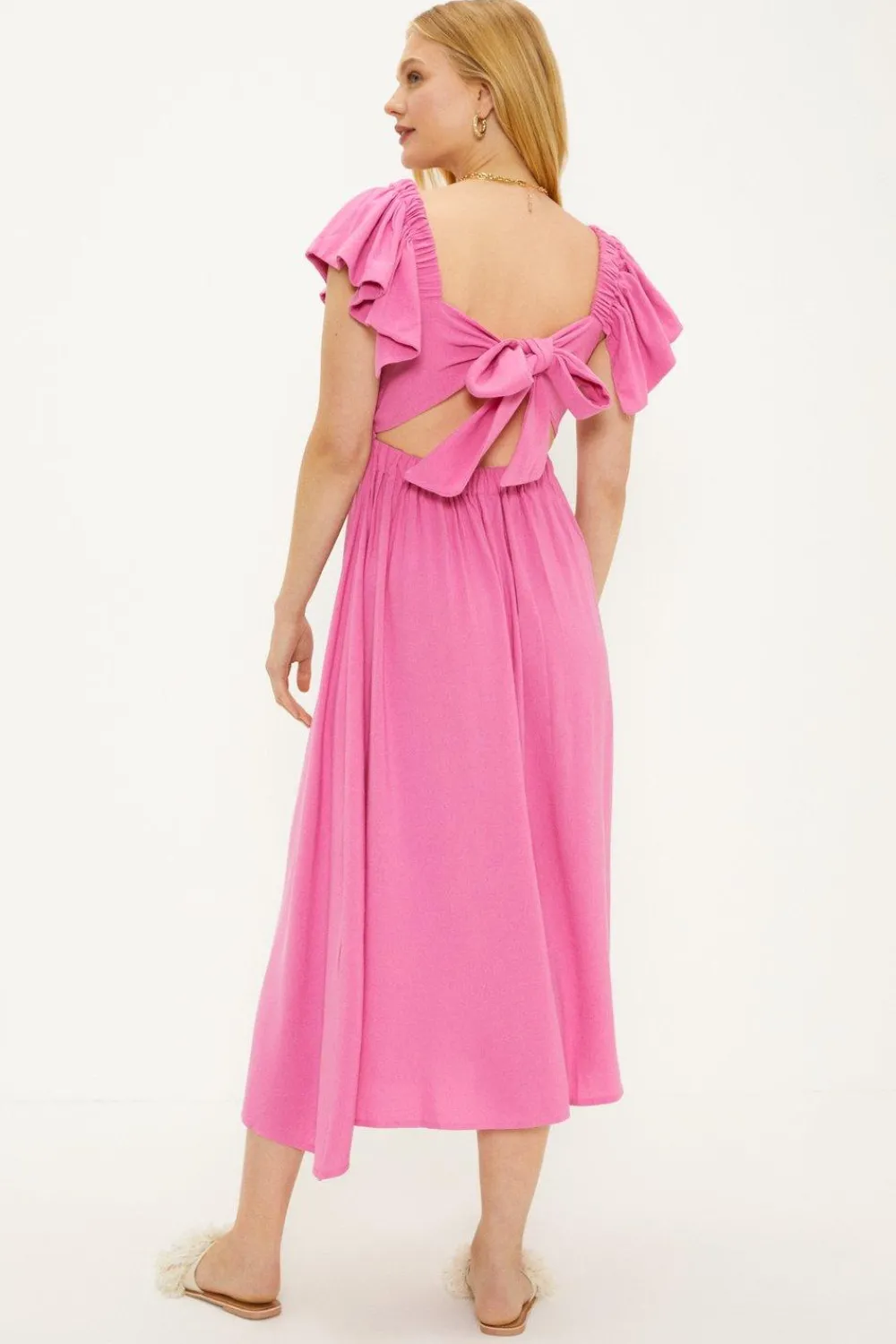 Outlet Oasis Ruffle Sleeve Tie Back Midi Dress Pink