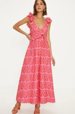 New Oasis Ruffle Strap Tie Back Broderie Dress Pink
