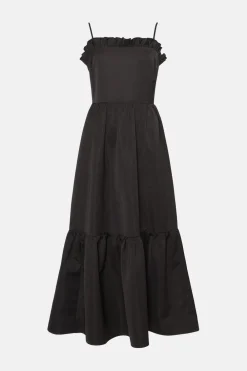 Fashion Oasis Ruffle Structured Satin Strappy Midi Dress Black